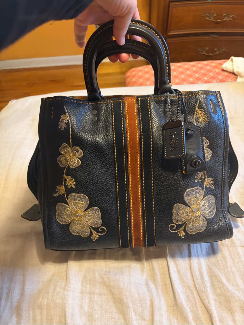 Embroidered Floral Black Leather Satchel with Brown Stripe